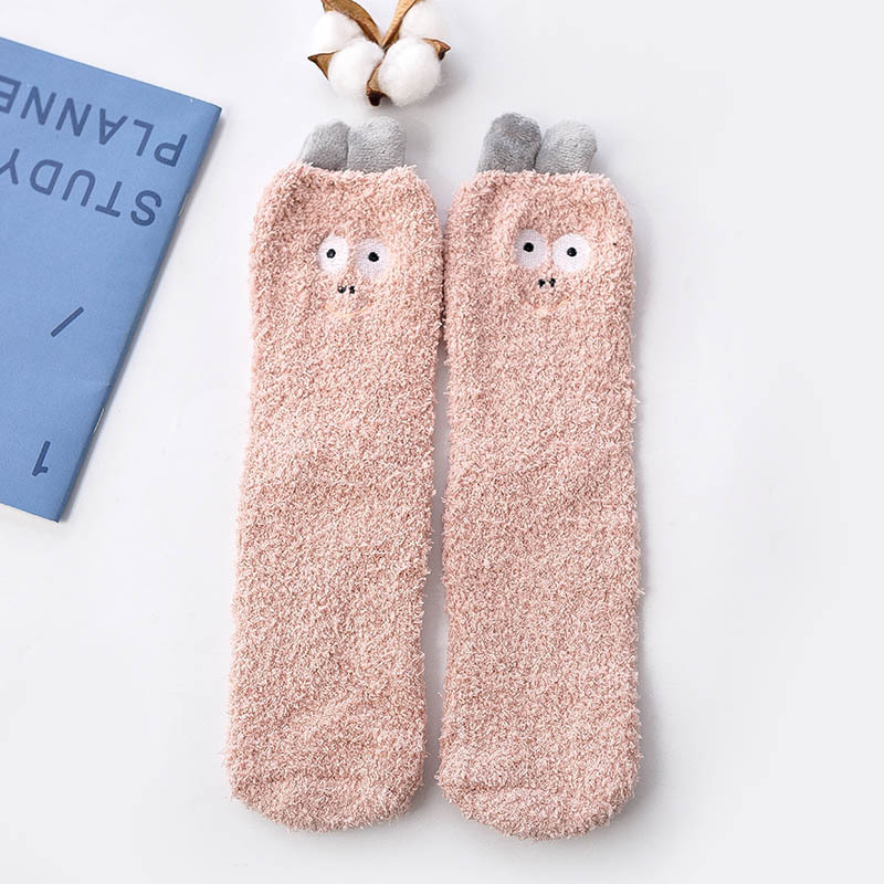 Autumn Winter Socks Female Cartoon Coral Velvet Embroidery Monster Crew Socks Thick Warm Floor Socks Wholesale Fluffy Fuzzy Socks